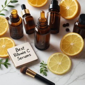 A bright, clean, and inviting flat-lay photography of the best vitamin C serums, arranged artistically on a fresh, white marble background. Feature 5-7 different high-quality serum bottles and droppers (like amber glass bottles and airless pumps) placed at different angles. One bottle is open, with a single, glistening drop of the orange-tinged serum suspended from the dropper. Surround the serums with natural elements that evoke freshness and vitality: slices of fresh orange and lemon, a small sprig of green leaves, and a few raw coffee beans (to represent ferulic acid). Include a small, modern notebook with the handwritten text 'Best Vitamin C Serums' and a delicate, gold-tipped makeup brush. The lighting is soft, bright, and natural, creating a clean, fresh, and luxurious aesthetic with soft shadows. The overall mood is healthy, scientific, and aspirational.
