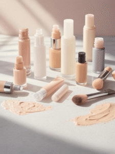 A clean, minimalist flat lay photography of the top 10 best-selling makeup primers arranged elegantly on a light marble surface. The bottles and tubes are sleek, modern, and made of frosted glass and plastic. Some are standing, some are lying down. Soft, natural lighting creates gentle shadows. A small makeup brush and a dewy foundation bottle are placed artfully to the side. Style: professional product photography, sharp focus, high detail, aesthetically pleasing, pastel background. 