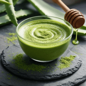 A product photography scene showcasing the leading candidate for the Best Facemask for Glowing Skin in 2025. A beautiful glass bowl is filled with a vibrant, green matcha and honey facemask, its texture appearing luxuriously thick and creamy. The bowl is artfully surrounded by its fresh, potent ingredients: dewy aloe vera leaves, raw organic honey dripping from a wooden dipper, and scattered matcha powder on a rough-textured slate table. Soft, natural morning light illuminates the scene, creating a serene and organic composition with a shallow depth of field that highlights the mask as the star. The image evokes pure, natural efficacy and radiant results.
