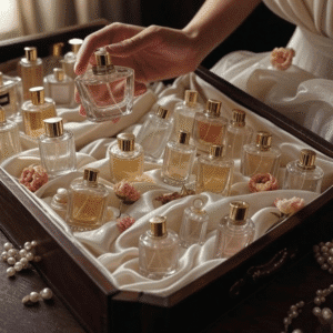 A lavish, editorial-style photograph of a woman's hands gracefully unboxing the top 10 perfumes for women from a rich, silk-lined chest. Capture the moment of revelation: one exquisite crystal bottle is held in her hand, while the others are nestled in velvet slots. Soft, cinematic lighting glints off the gold caps and glass. A few scattered pearls and dried flower petals lie on the dark wood surface. The mood is intimate, exclusive, and deeply luxurious.