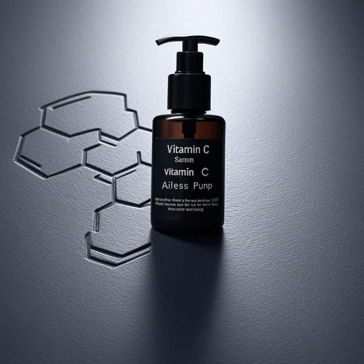 A minimalist, science-focused product shot of a single, high-quality vitamin C serum bottle (an airless pump or dark opaque bottle) placed centrally on a cool grey slate background. The bottle is perfectly lit to highlight its packaging, which suggests stability and advanced technology. A subtle, faint molecular diagram of L-ascorbic acid is visible as a faint, engraved texture on the slate. The lighting is dramatic but clean, creating a sense of precision, trust, and scientific efficacy.
