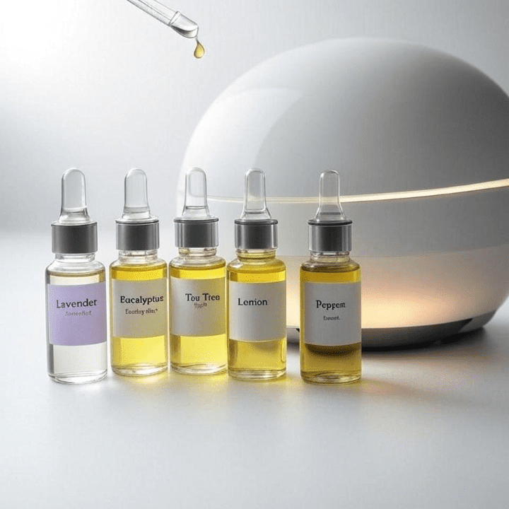 Minimalist product photography of the **Best Essential Oils for Diffuser**, featuring a curated set of five clear glass bottles, labeled Lavender, Eucalyptus, Tea Tree, Lemon, and Peppermint. The bottles are elegantly arranged in a row next to a modern, white ultrasonic diffuser. A single drop of oil is suspended mid-fall from a glass dropper, highlighting the purity of the formula. Clean, white background, soft shadow, sharp focus, 8K, professional lighting.