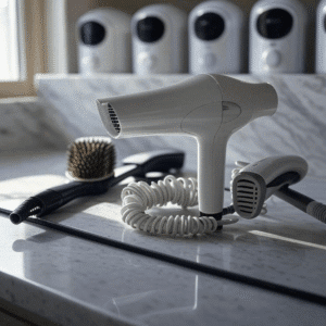 A serene bathroom vanity scene showcasing the Top 10 Hair Dryers. One beautiful, modern hair dryer and its attachments are placed elegantly on a marble countertop next to a stylish hairbrush and a neatly coiled cord. In the soft background, slightly out of focus on a sleek, floating shelf, are the other nine dryer models from the curated collection, artfully arranged. Soft, natural morning light streams from a window, creating a peaceful and aspirational aesthetic that highlights the quality and design of these top-tier tools. 