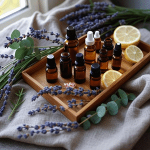 A beautiful wooden tray holding the best essential oils for a diffuser: amber glass bottles surrounded by the raw botanicals they are derived from - fresh lavender sprigs, eucalyptus leaves, lemon slices, and peppermint sprigs. The tray sits on a cozy, textured linen cloth. Soft, warm, morning light filtering through a window, creating a serene and natural atmosphere. Top-down shot, shallow depth of field. 