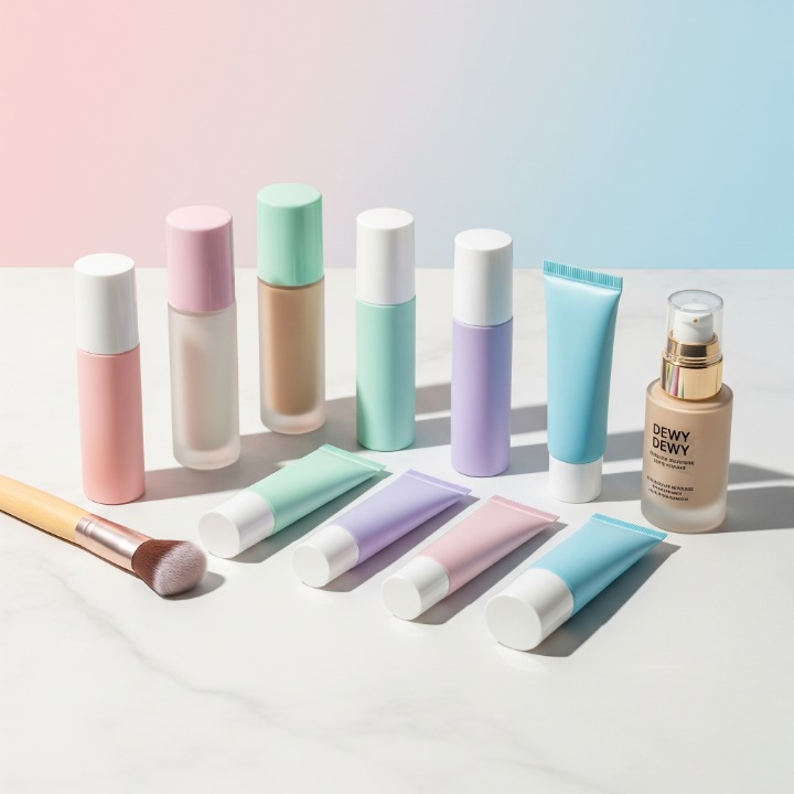 A clean, minimalist flat lay photography of the top 10 best-selling makeup primers arranged elegantly on a light marble surface. The bottles and tubes are sleek, modern, and made of frosted glass and plastic. Some are standing, some are lying down. Soft, natural lighting creates gentle shadows. A small makeup brush and a dewy foundation bottle are placed artfully to the side. Style: professional product photography, sharp focus, high detail, aesthetically pleasing, pastel background.