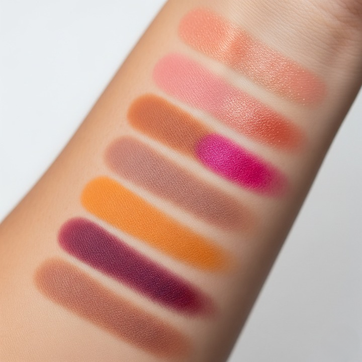 "Close-up, macro photography of ten perfect blush swatches on bare skin, arranged in a vertical line on a forearm. The swatches show a variety of finishes: dewy cream, matte powder, and shimmering liquid. The colors range from soft peach to deep berry. The skin is glowing and flawless. The image is well-lit, realistic, and highly detailed, showcasing the pigment and texture of each blush."
