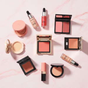A beautifully lit, flat lay photography of the top 10 best blush products arranged in a clean, aesthetic circle on a soft pink marble background. The blushes include creamy compacts, liquid droppers, and sleek powder palettes. The products look luxurious and modern. The lighting is soft and bright, highlighting the textures and colors of each product. The style is professional, clean, and inviting"