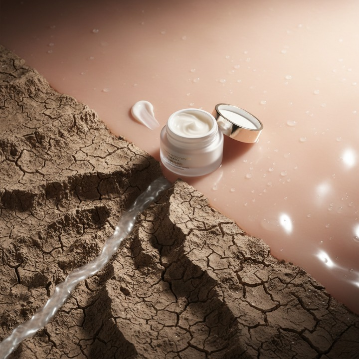 "Create a compelling conceptual photograph illustrating the transformation of dry to hydrated skin. The image is split diagonally. The bottom left section shows a dry, cracked landscape in miniature, using textures like cracked earth or parched clay to represent severely dry skin. A gentle stream of water flows from this area towards the top right section, which transforms into a smooth, dewy, and perfectly hydrated surface that resembles healthy, glowing skin. A single, elegant jar of a high-quality moisturizer is placed at the convergence point of the dry and hydrated zones, with its lid off and a small amount of the rich cream scooped out, as if it is the source of the transformation. The lighting is dramatic, with soft, glowing light illuminating the hydrated section, while the dry area is in softer shadow. The overall mood is hopeful, transformative, and scientifically elegant."