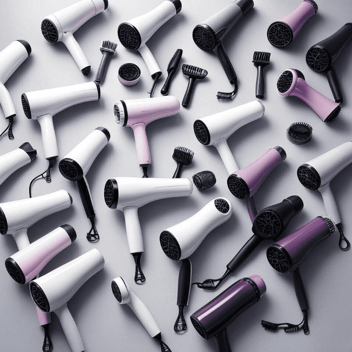 Professional product photography flat lay of a curated collection of the "Top 10 Hair Dryers". The hair dryers are arranged in a clean, visually appealing layout on a soft, light grey background. The dryers are of various modern designs and colors (white, black, pink, purple). Some are positioned straight, some at an angle to show different perspectives. A few key dryers have their attachments, like concentrator nozzles and diffusers, placed neatly beside them. Soft, diffused studio lighting creates clean shadows and highlights the sleek materials.