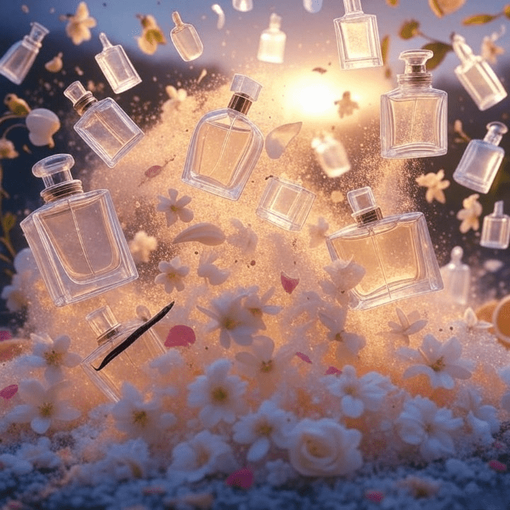 An atmospheric and dreamlike composition representing the top 10 perfumes for women. Translucent, ethereal shapes of perfume bottles float in a soft-focus scene. Hints of floral elements (jasmine, rose), citrus peels, and vanilla beans swirl as magical dust around the bottles. A soft, golden backlight creates a glowing, luxurious ambiance. Style is whimsical and conceptual.