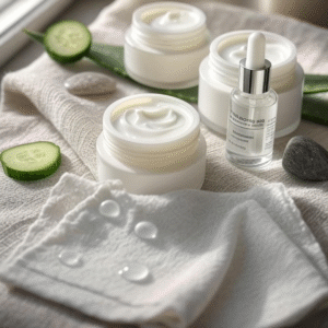 " A serene, beautifully lit flat-lay photograph showcasing the concept of ultimate Best Moisturizers for dry skin. The scene features 3-4 luxurious moisturizer jars and bottles (one rich cream, one gel-cream, one balm) artfully arranged on a soft, textured cream-colored linen cloth. A small, elegant glass bottle of hyaluronic acid serum sits nearby. In the background, include natural elements that evoke moisture and relief: a few drops of water beaded on a green aloe vera leaf, a slice of fresh cucumber, and a small, smooth river stone. The lighting is soft, warm, and diffused, casting gentle shadows and highlighting the creamy texture of the moisturizers. The overall mood is calm, soothing, and deeply nourishing."

