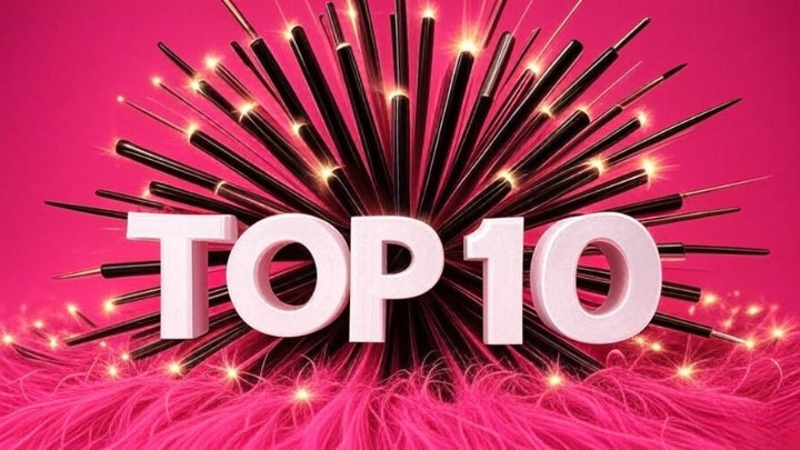 Dynamic graphic design image, YouTube thumbnail style. The top 10 eyeliners are arranged in a explosive burst shape in the center against a bold, bright pink background. Each eyeliner has a small, glowing halo around it. Large, bold, white block letters overlay the bottom reading "TOP 10". The style is high-contrast, vibrant, and intentionally clickable, with a sense of energy and excitement