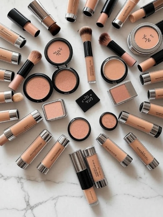 A flat lay, top-down photo of ten popular concealer tubes and compacts elegantly arranged on a clean, light marble surface. Some are open to show the applicators and formulas. A makeup brush and a small notepad with "Top 10" written on it lie nearby. Soft, natural lighting creates a clean and inviting aesthetic.