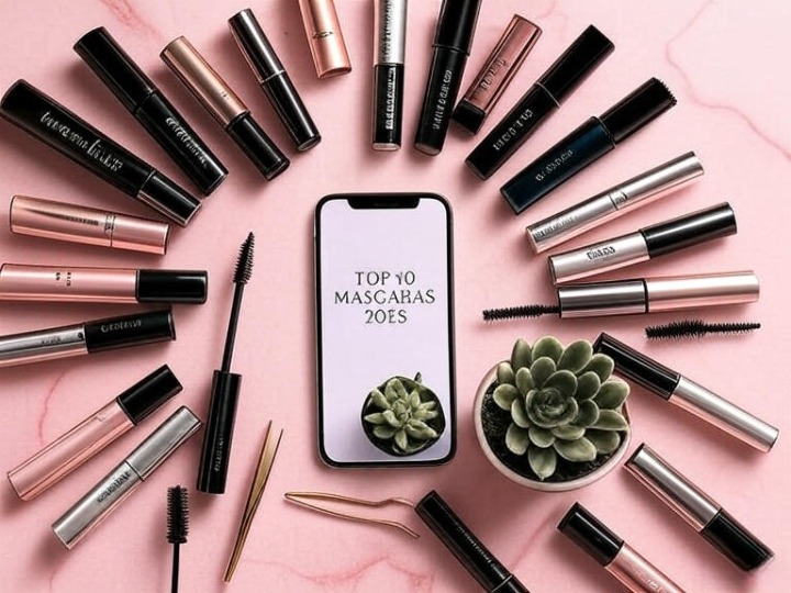 A flat lay, top-down photograph style of a 'Top 10 Mascaras' blog post graphic. The composition features ten elegant mascara tubes from popular luxury and drugstore brands (e.g., Maybelline, Too Faced, L'Oréal, Tarte) arranged in a neat, visually appealing circle on a clean, soft pink marble background. Some tubes are standing upright, while a few are laid on their sides to create dynamic angles. The mascara wands for two of the tubes are placed next to them, showing their unique bristle designs. In the center of the circle, a sleek, modern smartphone screen displays a beautifully designed blog post title: "TOP 10 MASCARAS of 2025" in a elegant, feminine sans-serif font. Next to the phone, a small, elegant potted succulent and a pair of gold tweezers add a touch of nature and luxury. The lighting is soft, bright, and professional, creating clean shadows and highlighting the glossy and metallic details of the mascara packaging. The overall mood is chic, informative, and inviting, perfect for a beauty blog or social media post. Style: Photorealistic, clean, high-resolution, bright studio lighting. Color Palette: Soft pinks, rose gold, white, and black with pops of color from the mascara packaging.