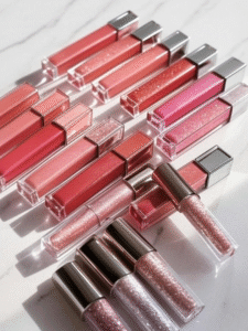 A professional product photography flat lay of the top 10 lip glosses, arranged in two elegant rows on a clean, minimalist white marble background. The lip gloss tubes are sleek and luxurious, in a variety of colors like clear, pink, coral, and red. Some are shiny, some have glitter particles. The caps are off two of them, showing the shiny applicator. Soft, natural lighting creates beautiful reflections on the glossy packaging.