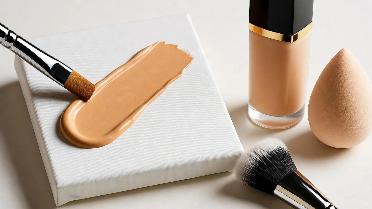 Conceptual still life photography answering "What Does Foundation Do in Makeup?" An elegant glass canvas sits beside luxury foundation and brushes. Liquid foundation is being elegantly poured, forming the words "PERFECT CANVAS" as it flows across the surface. The foundation creates a smooth, unified layer that covers minor imperfections on the glass. Soft, dramatic studio lighting, hyper-detailed, 8K resolution, minimalist aesthetic with a clean background.