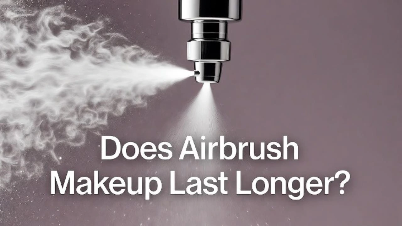 Modern graphic design layout, a high-end airbrush makeup device is the central focus, with a fine, delicate mist captured in a beam of light. Below it, in a clean, modern sans-serif font, is the question: "Does Airbrush Makeup Last Longer?" Background is a soft, textured pastel color. Professional product photography style.