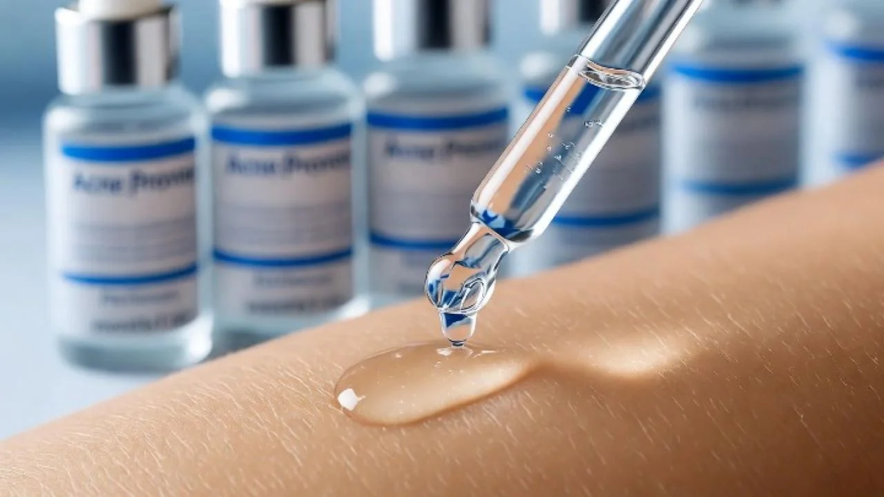 A highly detailed, macro photograph in a modern dermatology laboratory. In the sharp foreground, a glass dropper from a serum bottle labeled "Best Skincare Products for Acne Prone Skin" dispenses a pristine, water-based serum onto a patch of perfectly clear, hydrated skin. In the soft-focus background, other essential clinical-grade products—a foaming cleanser, a niacinamide toner, and a sunscreen—are aligned on a sterile, white lab bench. Crisp, clinical lighting with a slight cool tone. The image evokes a sense of scientific precision, trust, and effective results.