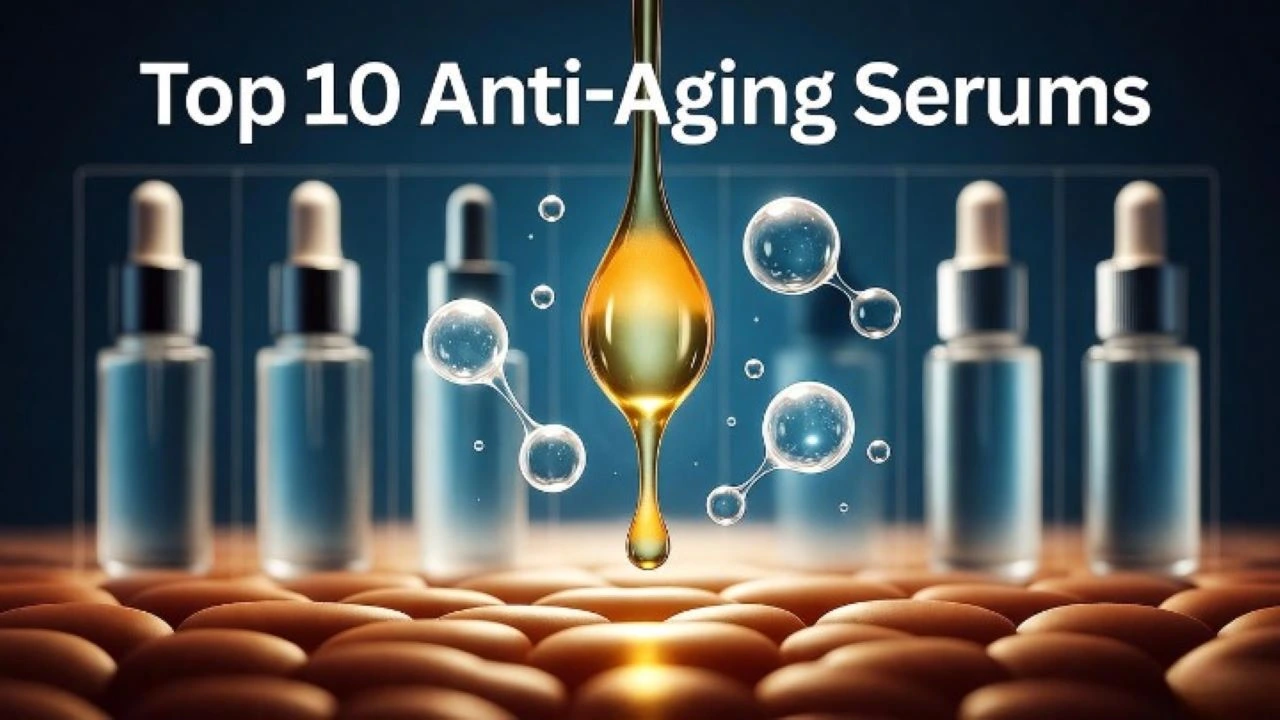 A conceptual, macro photograph of a single glowing droplet of serum falling onto a representation of human skin. In the background, a subtle, out-of-focus grid displays the other 9 bottles of the "Top 10 Anti-Aging Serums". Floating around the droplet are abstract visualizations of hyaluronic acid molecules and collagen fibers. The text "Top 10 Anti-Aging Serums" is clean and modern. Blue and gold color scheme, cinematic lighting.