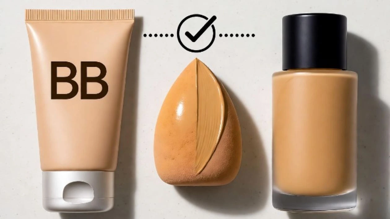 Conceptual beauty flat lay photography answering "Can you use bb cream as Foundation?". A BB cream tube and a foundation bottle are placed side-by-side, with a dotted line and a checkmark symbol connecting them. A single beauty blender sponge sits between them, half-applied with a seamless, natural-looking tint that blends both products' textures. The background is clean, bright, and minimalist. Soft natural lighting, sharp focus, hyper-realistic product details.