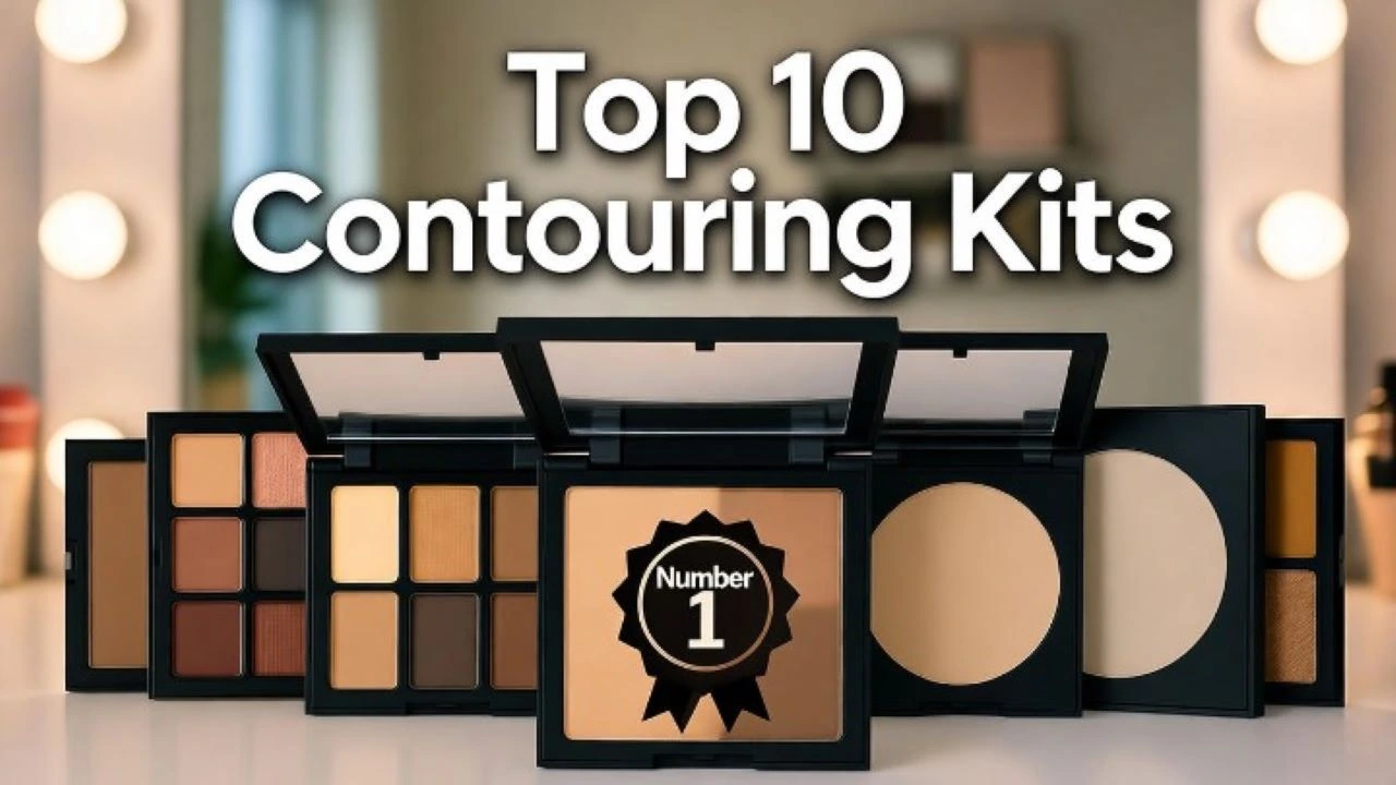 A vibrant, energetic social media graphic announcing the top 10 contouring kits. The background is a soft, blurred out makeup vanity with glowing lights. In the foreground, three of the most popular contour palettes are featured prominently, with the remaining seven smaller kits fanned out behind them. Bold, modern typography declares "Top 10 Contouring Kits" as the main headline. Includes subtle graphic elements like a "Number 1" badge on the leading kit. Style: bright, high-contrast, trendy social media post.