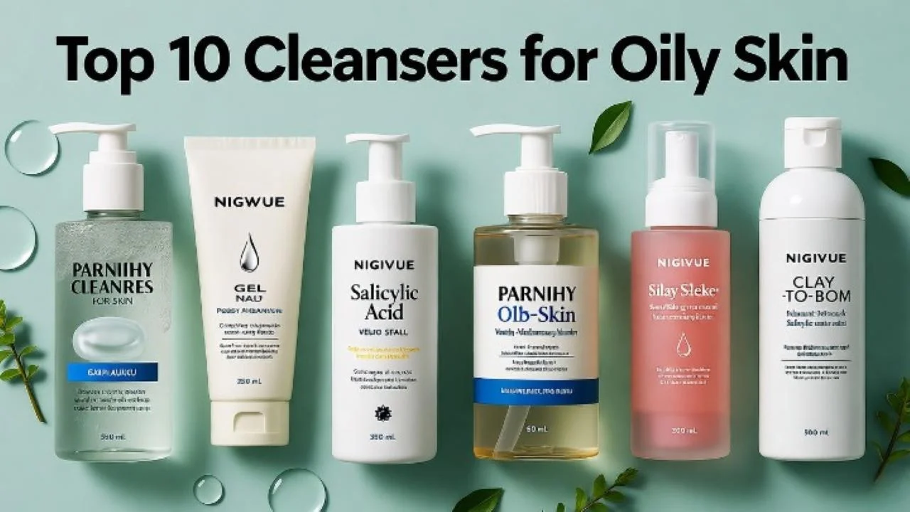 A clean, bright flat lay photography of the top 10 cleansers for oily skin. The collection features a variety of textures: clear gel cleansers, foaming pumps, clay-to-foam bottles, and salicylic acid tubes. Arrange them neatly on a fresh, light-teal background with a few drops of water and fresh mint leaves scattered around. Soft, natural lighting from above creates gentle highlights on the products. The style is minimalist, fresh, and inviting.