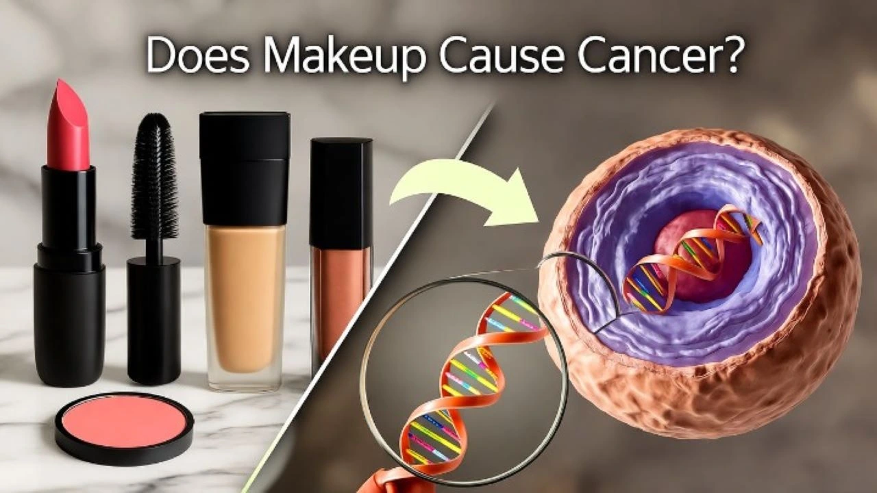 A clean, modern infographic-style 3D render. The image is split diagonally. On the left side, a beautifully arranged flat lay of popular makeup products: lipstick, mascara, foundation, and blush on a marble surface. On the right side, a scientific diagram of a human cell, with arrows pointing from the makeup products to the cell, showing a magnified view of DNA strands, with one strand appearing healthy and the other slightly damaged. Use a neutral, laboratory-like background. Text overlay with the question: "Does Makeup Cause Cancer?" in a clean, modern font.