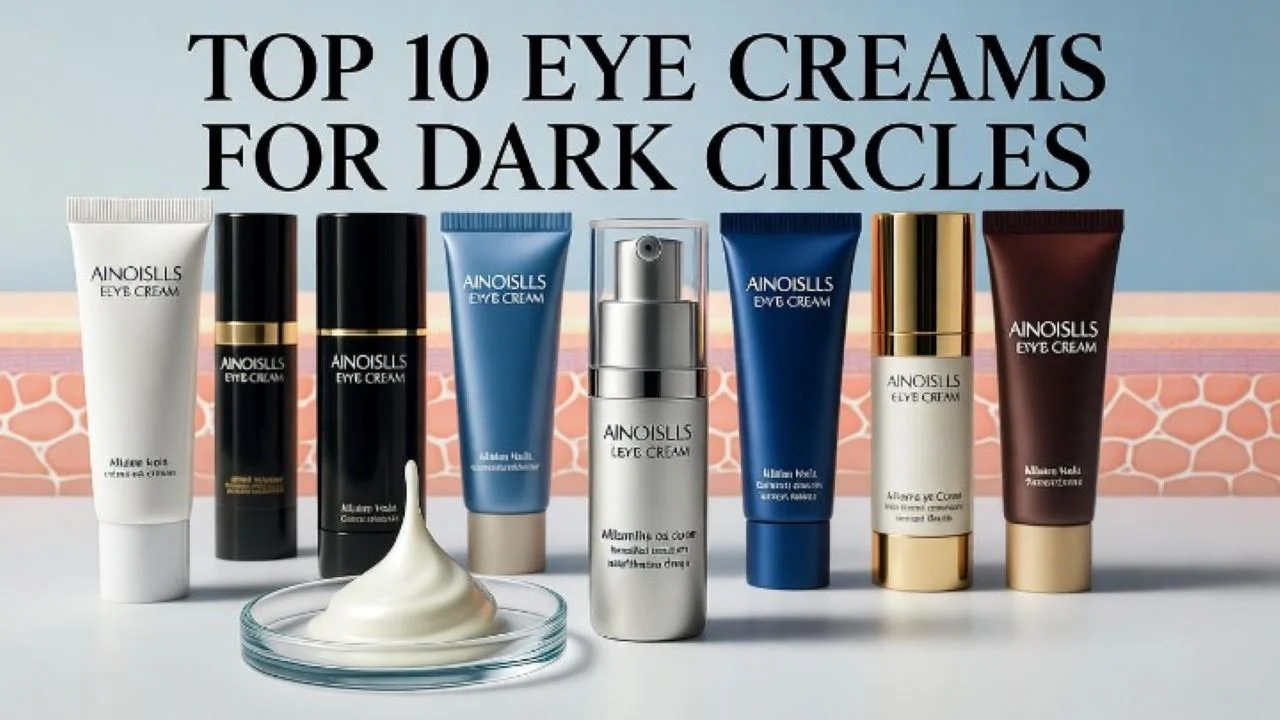 Professional product photography in a clinical, clean lab-style setting. Ten distinct high-end eye cream packages are lined up sharply against a crisp white or light blue background. A diagram of skin layers is subtly visible in the background. One product is in the foreground, with a small, precise droplet of the pearlescent cream on a glass dish. The text "TOP 10 EYE CREAMS FOR DARK CIRCLES" is bold and confident, using a strong, professional font. Bright, even studio lighting, hyper-detailed, sharp focus.