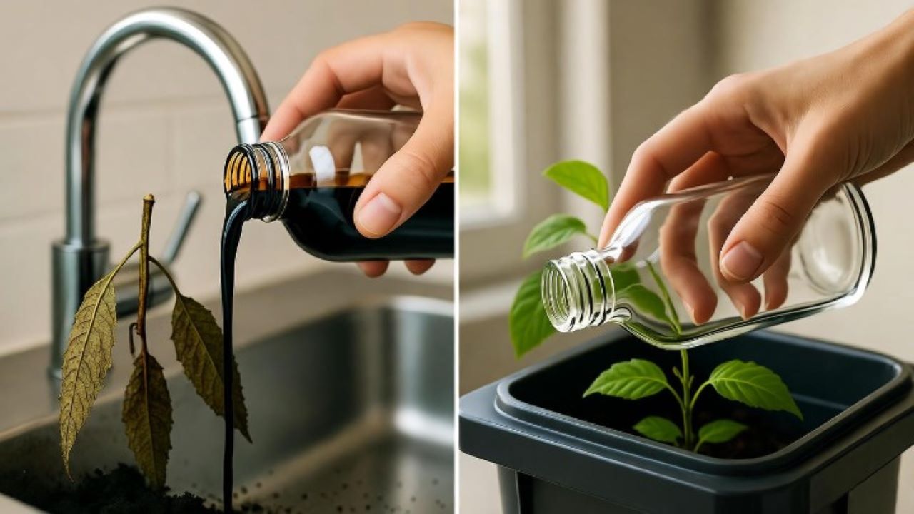 Can I Dump Vitamin C Serum? "A split-image, photorealistic style. On the left, a person's hand pours dark, oxidized vitamin C serum down a drain, with a dead, wilted plant emerging from the sink. On the right, the same hand places the empty glass bottle into a modern recycling bin, with a vibrant, healthy plant growing from it. The background is soft, out of focus. Cinematic lighting, symbolic contrast, thought-provoking"