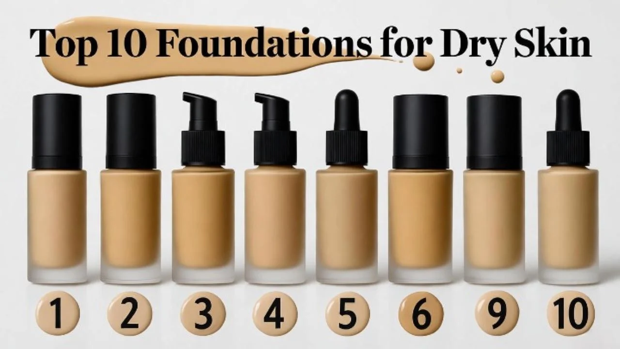 A bright, commercial product photography shot from above (flat lay). Ten beautiful foundation bottles of various shapes and sizes are arranged in two elegant rows on a clean, white background. Each bottle is perfectly lit, showing its label. A small, tasteful tag with a number (1-10) sits in front of each foundation. At the top of the composition, the header "Top 10 Foundations for Dry Skin" is written in a bold, professional, dark gray font. A few drops of a rich, liquid foundation are artfully splattered near the title.