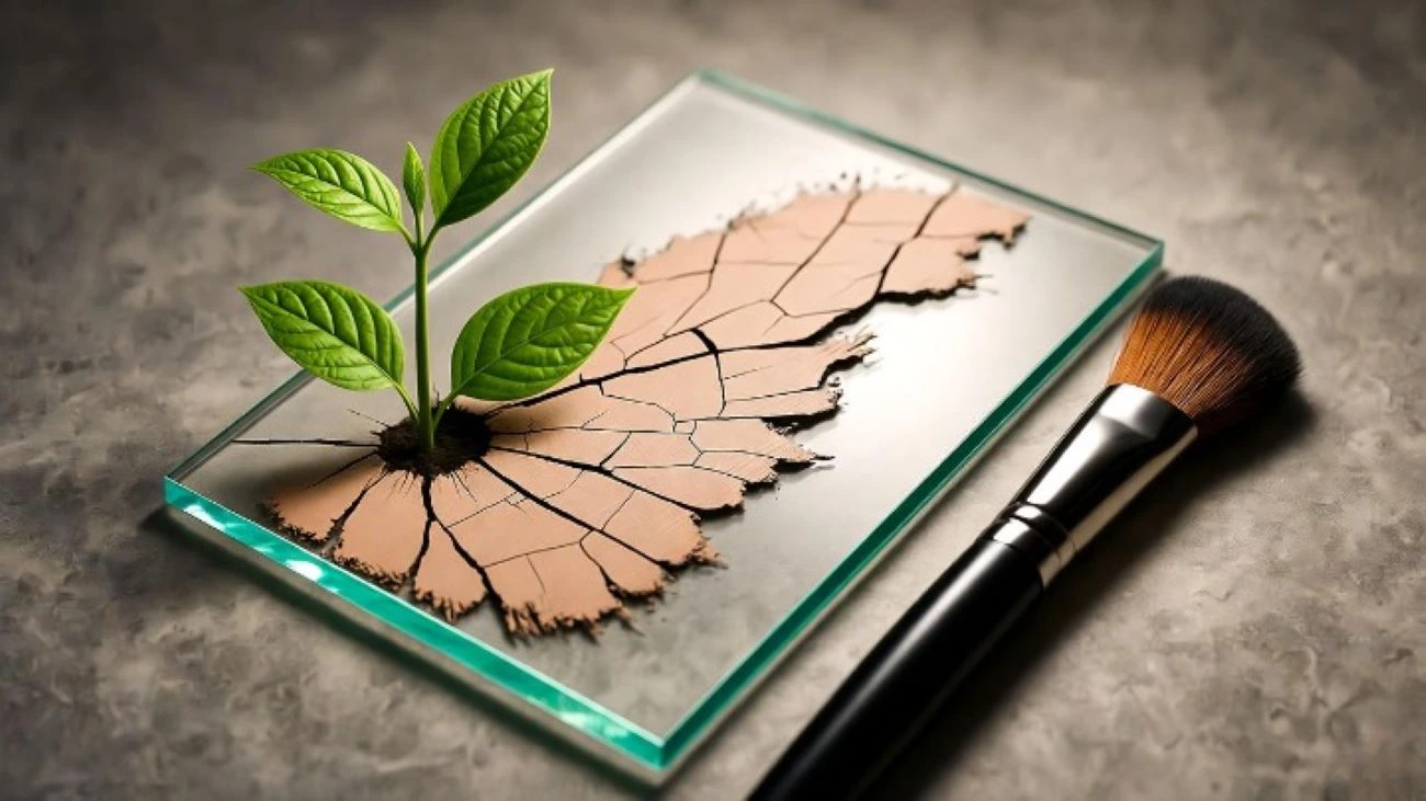 Conceptual still life photography, visual metaphor for "Will makeup age your skin?". A beautiful, pristine glass pane representing healthy skin is partially covered by cracked, drying foundation that forms the text "AGE?" on its surface. An elegant makeup brush lies beside it, pointing toward the damage. Soft, dramatic lighting illuminates the cracks from behind, creating a haunting glow. The background is dark and minimalist, focusing attention on the contrast between flawless glass and deteriorating makeup. Hyper-detailed, 8K resolution, cinematic quality.