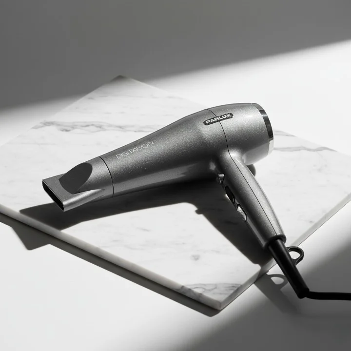 Professional product photography of a Parlux hair dryer. The hair dryer has a sleek, ergonomic handle and a slim nozzle. It is placed on a clean, minimalist marble background, with soft, dramatic studio lighting creating subtle reflections on its surface. Shot with a 50mm lens, hyper-detailed, sharp focus.