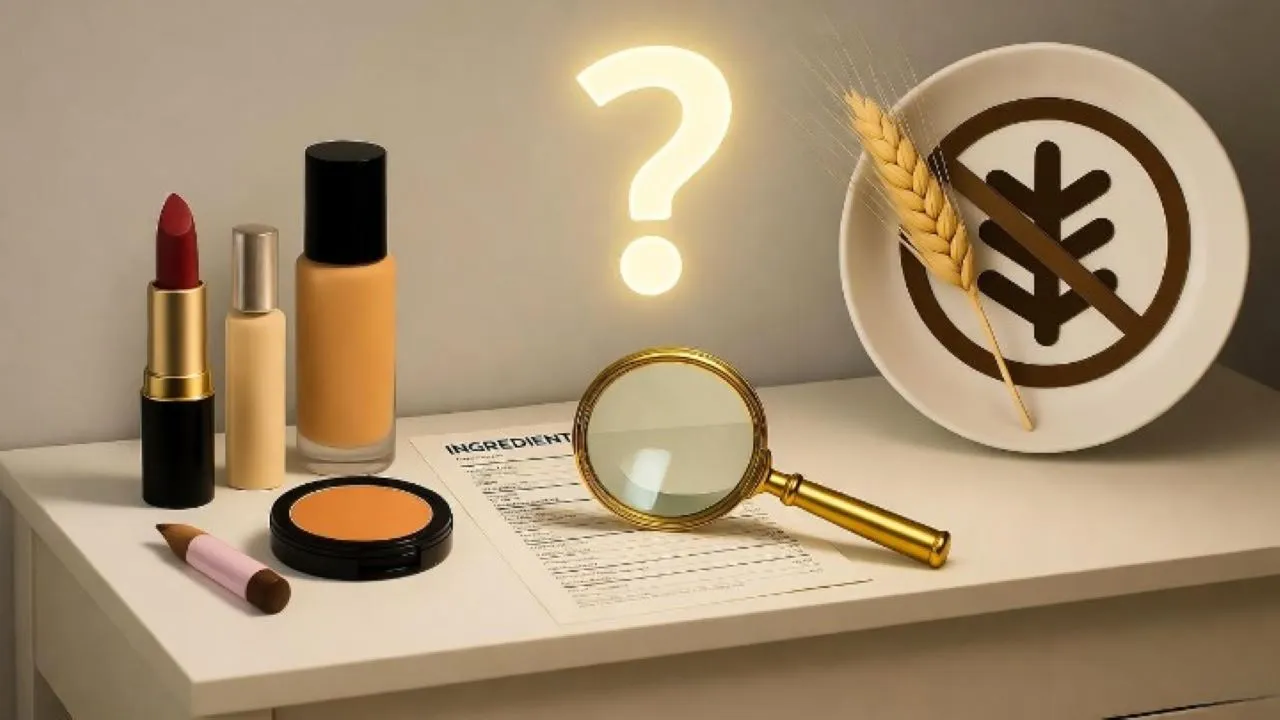 Create a conceptual, educational image for a blog post titled 'Does Makeup Contain Gluten?'. The scene should feature a clean, well-lit beauty vanity with a minimalist aesthetic. On the vanity, place a few elegant makeup items like a lipstick, a foundation bottle, and a powder compact. Next to them, place a small, elegant magnifying glass hovering over an ingredient list, with a single question mark subtly glowing or superimposed over the list. In the background, on a separate plate, show a stalk of wheat and a crossed-out symbol to represent gluten, creating a visual metaphor for the question. The overall mood should be inquisitive, clean, and professional, not alarming. Use a soft, neutral color palette with warm, inviting lighting."