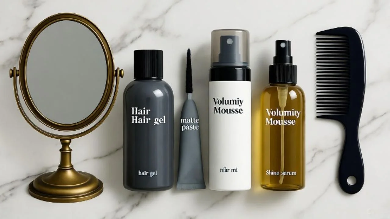 "What hair styling products should I use?"A clean, well-lit flat lay photography of an assortment of high-quality hair styling products on a marble surface. Include a hair gel, a matte paste, a volumizing mousse, a shine serum, and a heat protectant spray. Arrange them neatly beside a vintage brass mirror and a classic barber's comb. The style is minimalist and professional, with soft, natural lighting."