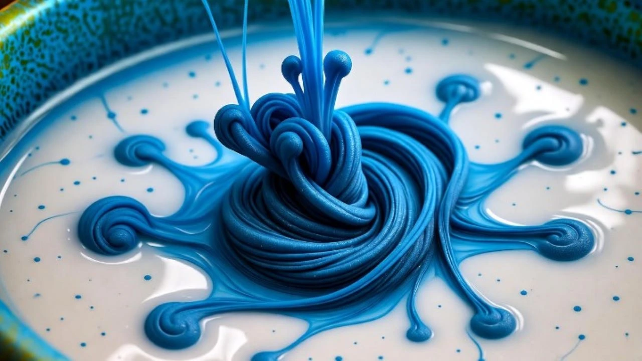 An abstract macro shot of mascara blue color swirling in milky water, creating intricate, ink-like patterns and tendrils. The colors are a deep navy and a bright cerulean. Fluid dynamics, experimental photography, vibrant, textured background.