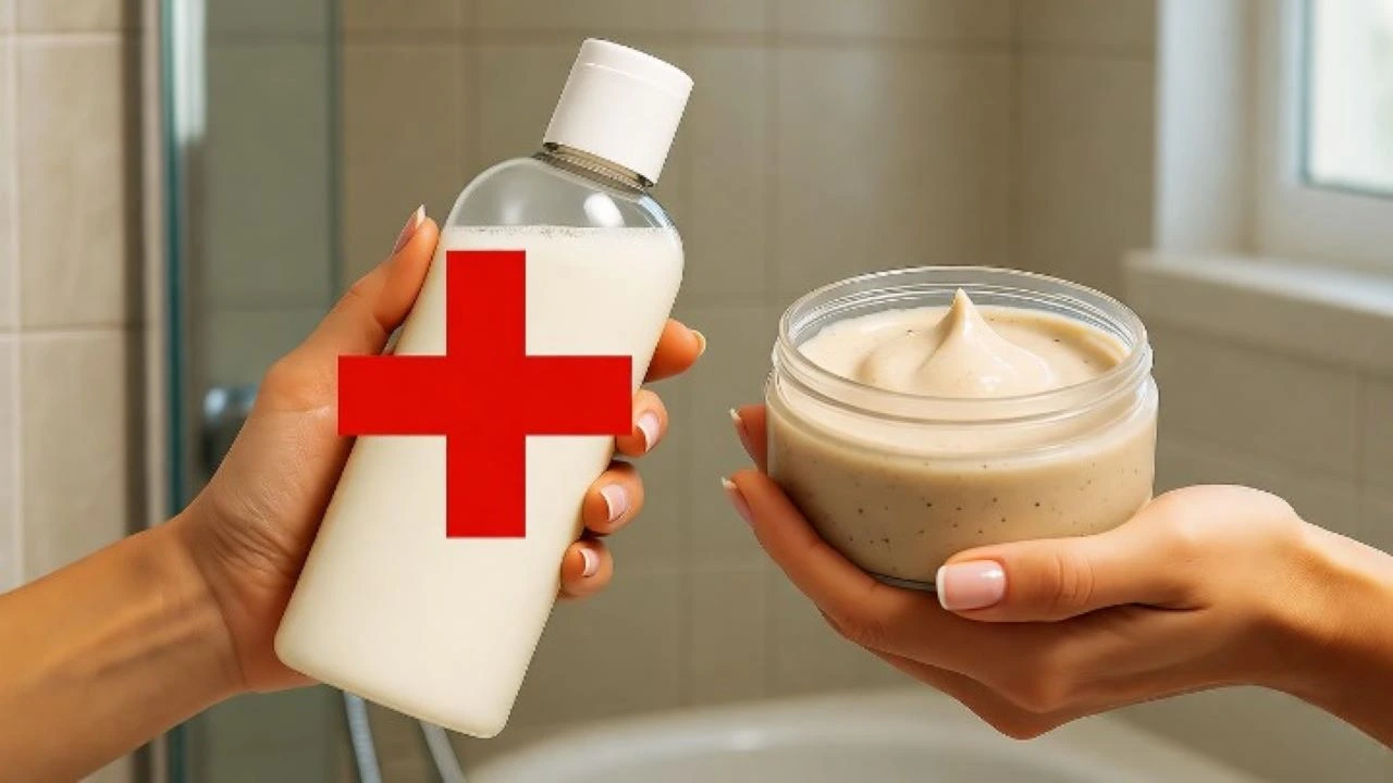 Should I Shampoo After Hair Mask? : "A female hand gently holding a bottle of shampoo with a large, red "cross" or "no" symbol (🚫) superimposed over it. In the other hand, she holds an open jar of a luxurious hair mask. The background is a clean, well-lit bathroom setting. Photorealistic, sharp focus, commercial photography style"