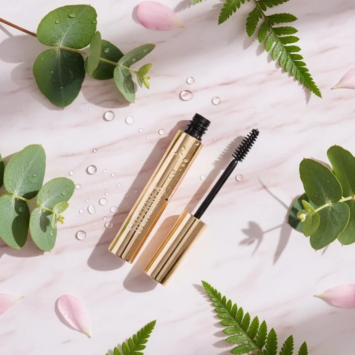 A professional, clean beauty product photo of a luxury eyebrow mascara tube and its wand placed on a pink marble surface, surrounded by fresh foliage and dewdrops. The composition is bright, soft, and elegant, with a shallow depth of field. The style is hyper-realistic and inviting.
