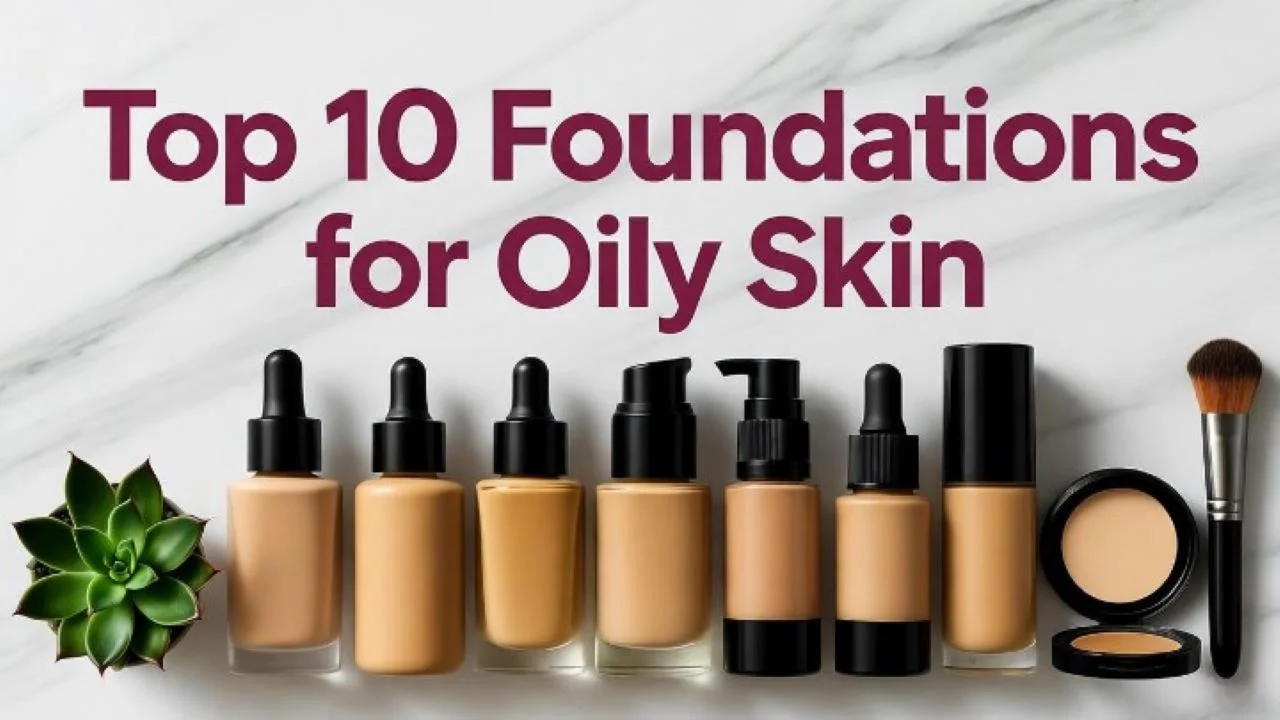 A clean, minimalist flat lay photography of a "Top 10 Foundations for Oily Skin" graphic. Ten different foundation bottles and compacts are neatly arranged on a pristine, light-grey marble background. Some bottles are glass, some are plastic, with pumps and droppers. A small, elegant succulent plant and a makeup brush are placed to the side. The text "Top 10 Foundations for Oily Skin" is written in a modern, sans-serif font in a soft matte pink color, overlaying the image. Soft, diffused lighting, sharp focus.