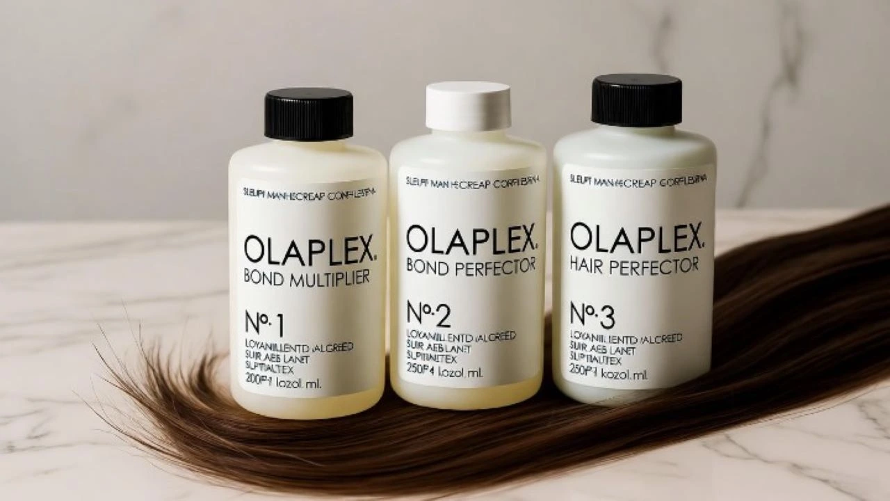 A minimalist and elegant product still life for "What is Olaplex treatment". The core Olaplex bottles (No. 1, 2, and 3) are arranged beautifully on a sleek, light grey marble surface. A single strand of incredibly healthy, glossy hair is draped artfully beside them, catching the light. The words "What is Olaplex Treatment" are written in a clean, modern, sans-serif font, subtly integrated into the background as a light, embossed texture. Studio lighting, hyper-realistic, and professional.