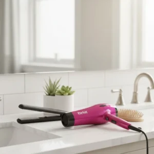 A lifestyle photo of a Parlux hair dryer resting on a vanity table in a bright, modern bathroom. Next to it are other high-end hair styling tools, a wooden brush, and a small potted succulent. The scene is lit with soft, natural morning light coming from a window. Shallow depth of field, warm and inviting atmosphere