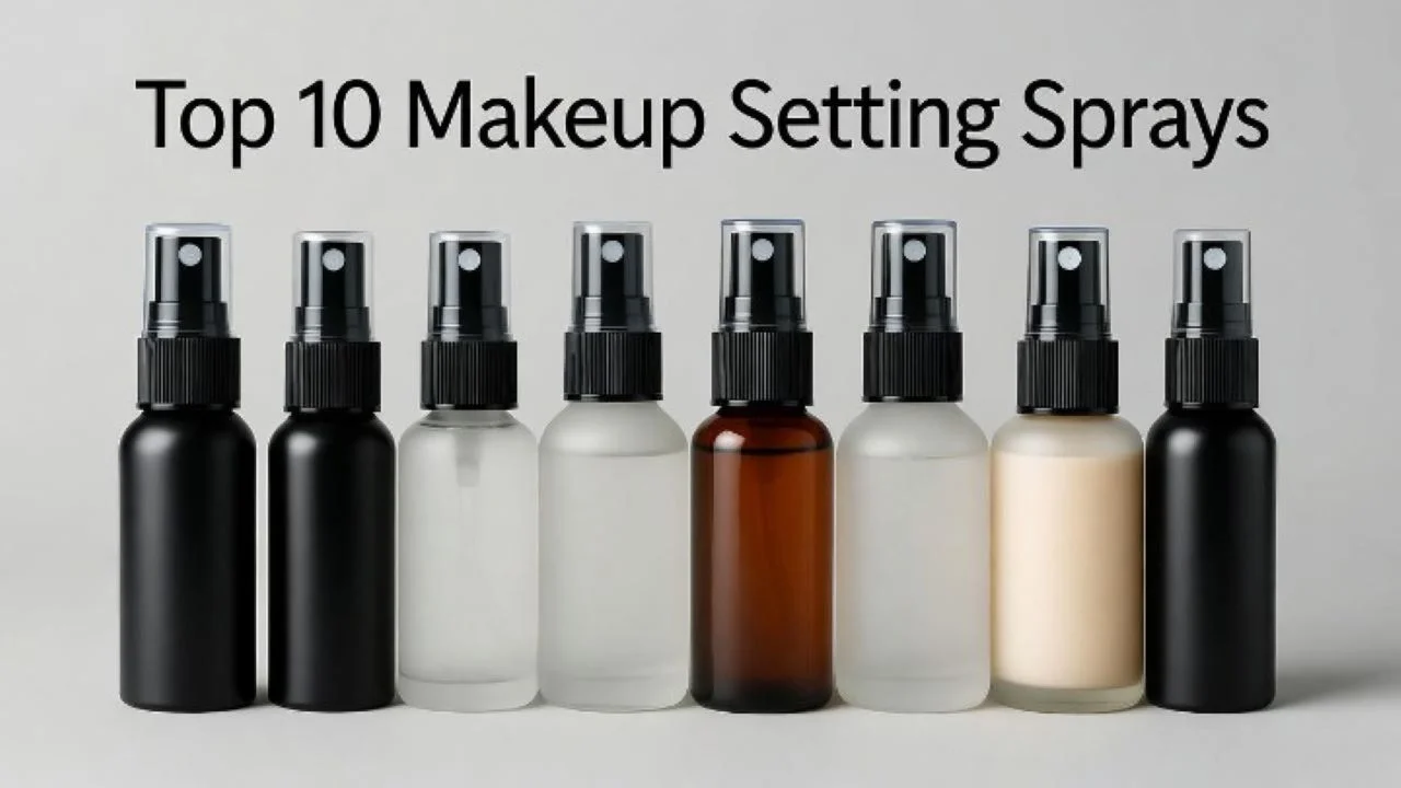 A minimalist flat lay photograph. Ten elegant makeup setting spray bottles are arranged in a clean, modern layout on a soft, light grey background. The bottles are of various stylish designs, from matte black to frosted glass. A clean, sans-serif text banner prominently displays the title "Top 10 Makeup Setting Sprays". The lighting is soft and even, creating a professional and aesthetic product photography style.