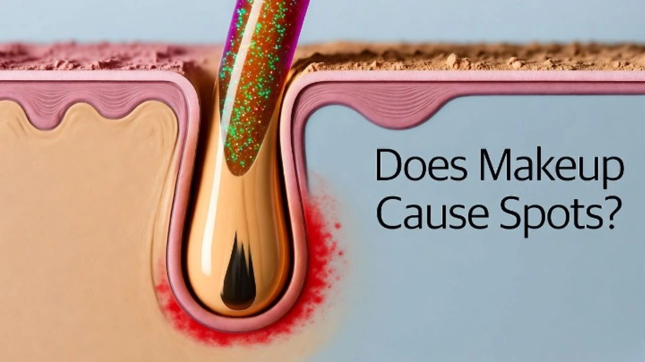A macro, cross-section illustration of a human skin pore. A vibrant, glittery stream of liquid foundation and powder is flowing into the pore, partially blocking it. Below the blockage, a small, inflamed red spot is forming. The background is a clean, clinical light blue. The question "Does Makeup Cause Spots?" is written in a modern, sans-serif font next to the illustration.