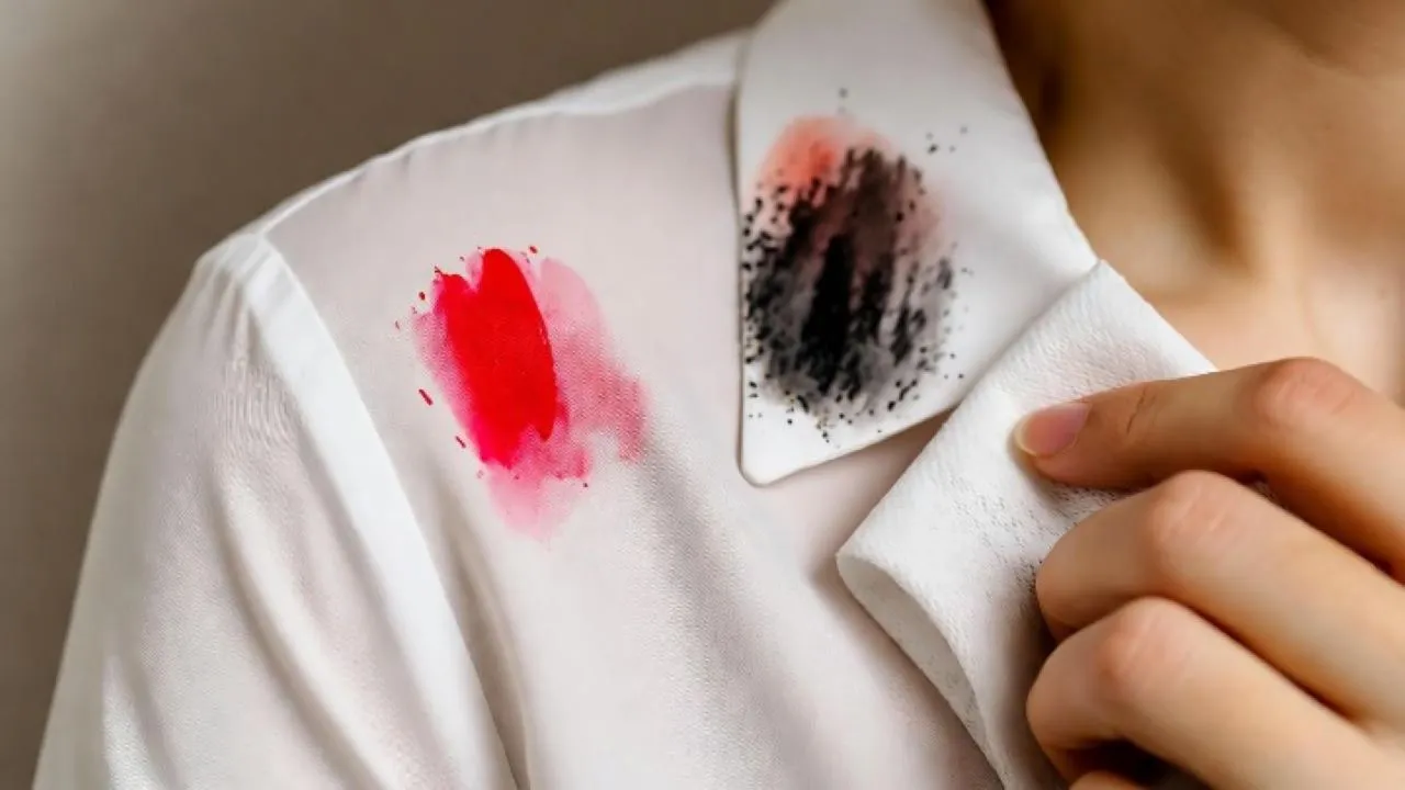 "Photorealistic close-up shot of a person looking down in dismay at a vibrant red lipstick stain on a crisp, white cotton shirt collar. Their hand holds a smartphone displaying a search for 'Does Makeup Come Off Clothes?' on the screen. In the foreground, a damp cloth rests next to a smudged mascara mark, indicating a failed cleaning attempt. The lighting is soft and natural, highlighting the frustrating contrast between the clean fabric and the stubborn makeup stains. Style: realistic, high detail, relatable everyday problem."