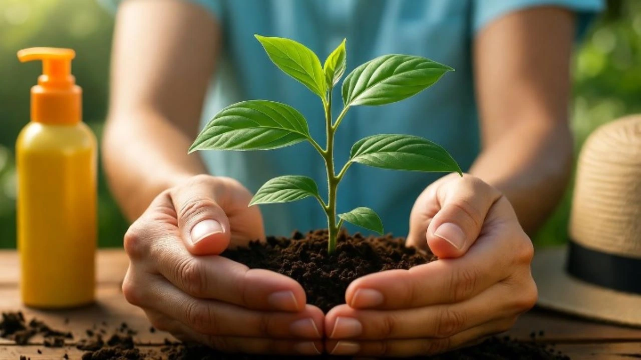 A person's hands gently shielding a young plant from the harsh rays of the sun, symbolizing protection and care. The scene is warm and hopeful, with the plant looking healthy and vibrant. In the background, a sunscreen bottle is placed subtly next to a gardening hat. Soft focus, cinematic lighting. The image is captioned as "Can sunblock cause cancer"?