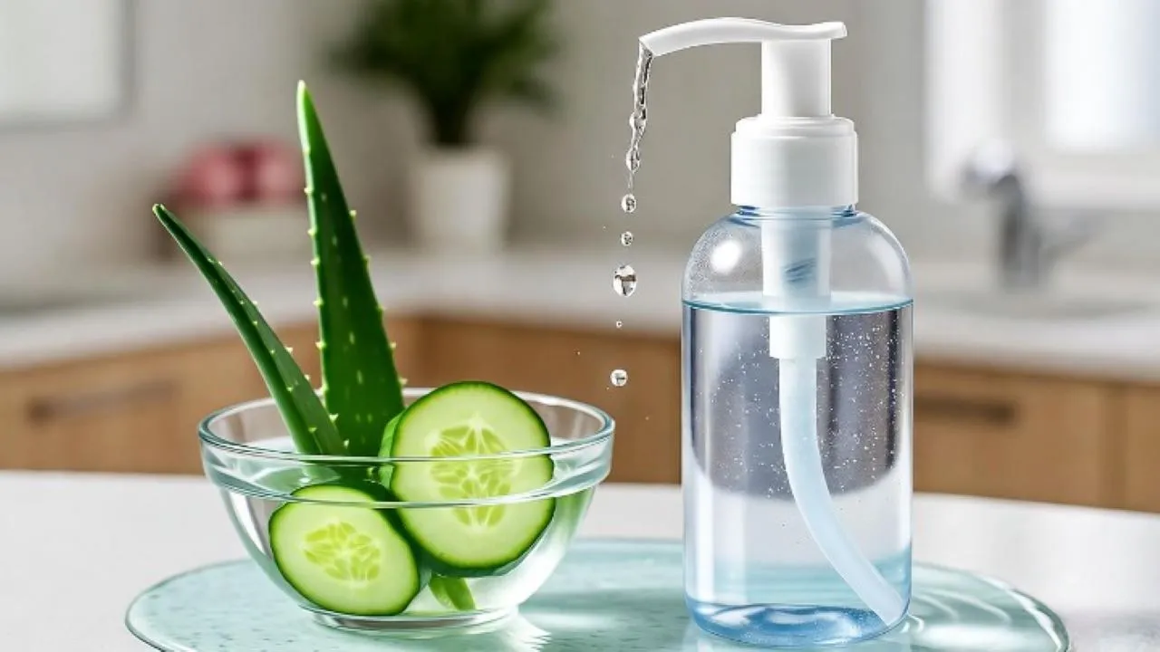 Create a hyper-realistic, visually clean and educational flat lay photography for a blog post titled 'What Are Water Based Cleansers?'. The scene should include a transparent bottle of a water-based cleanser with a gel-like texture, next to a small, elegant glass bowl filled with clear water and floating cucumber slices. Show a gentle, water-like droplet splashing next to the bottle. The text 'What Are Water-Based Cleansers?' is written in a clean, modern, and elegant font, integrated seamlessly into the composition. In the background, have a soft, blurred background of a clean, modern bathroom. The lighting should be soft and natural, creating a feeling of freshness and purity. The overall mood should be informative, clean, and gentle."