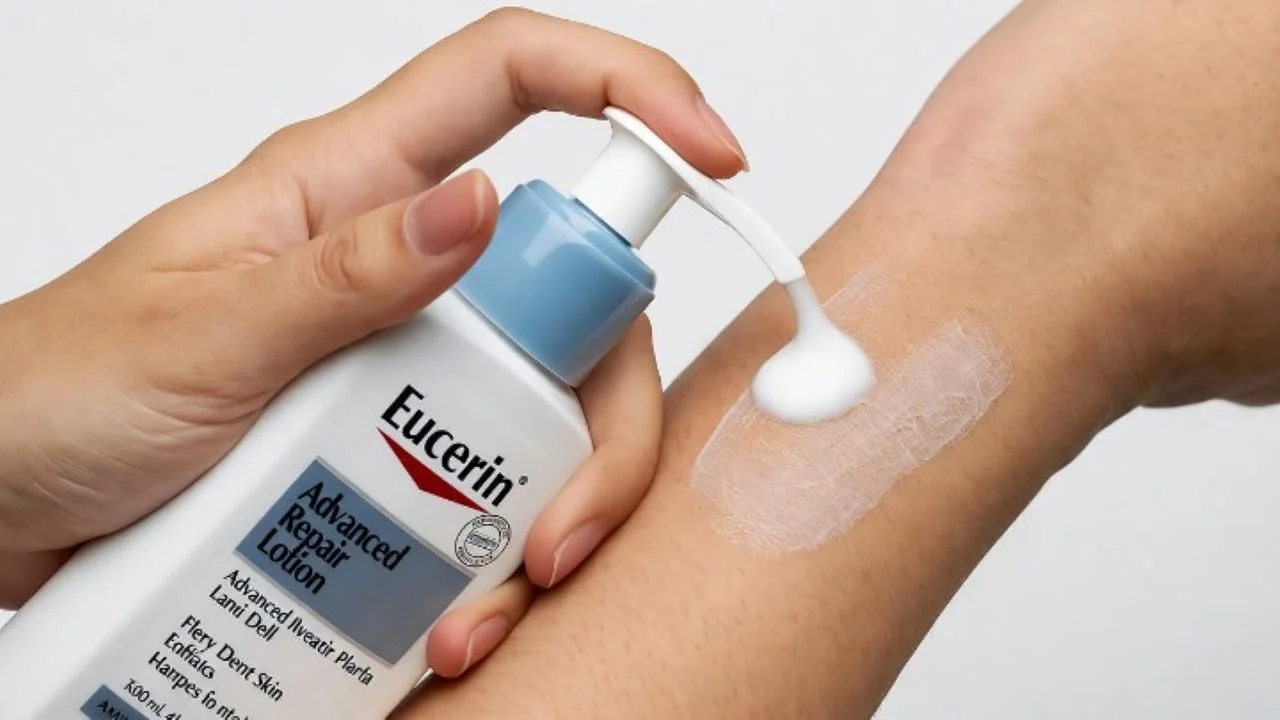 Photorealistic product shot of a Eucerin Advanced Repair Lotion bottle and its pump dispensed on a person's hand, against a clean, clinical white background. The person's other hand is gently applying the lotion to their forearm, showing relief for very dry, slightly flaky skin. The lighting is bright and clean, showcasing the product's purity. Style: professional commercial photography, sharp focus.
