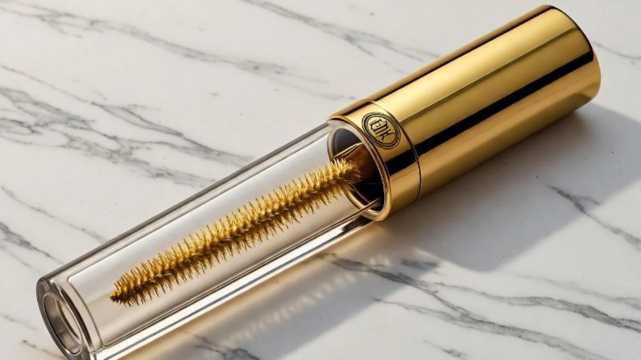 "A single tube of luxury gold mascara isolated on a sleek, marble surface, product shot, professional lighting, reflective gold details."