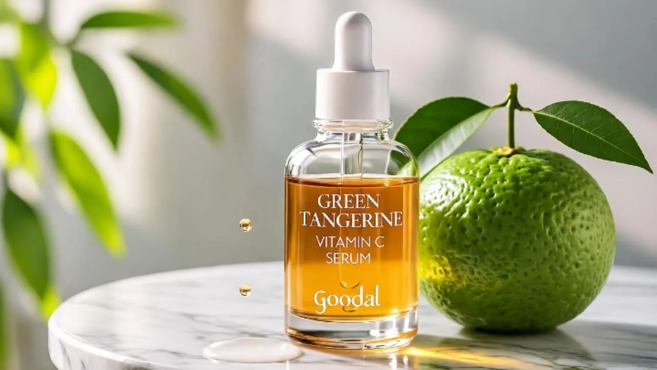 Professional product photography of the Goodal Green Tangerine Vitamin C Serum bottle, placed elegantly on a clean, minimalist marble surface. A single, fresh green tangerine and its leaves are artfully arranged beside it. Soft, diffused natural lighting creates gentle highlights on the glass bottle, making the amber liquid glow. A small, glistening droplet of the serum is elegantly suspended from the dropper, showcasing its lightweight texture. The background is softly blurred, with a subtle bokeh effect. Style: clean, bright, commercial K-beauty aesthetic, hyper-realistic, sharp focus.