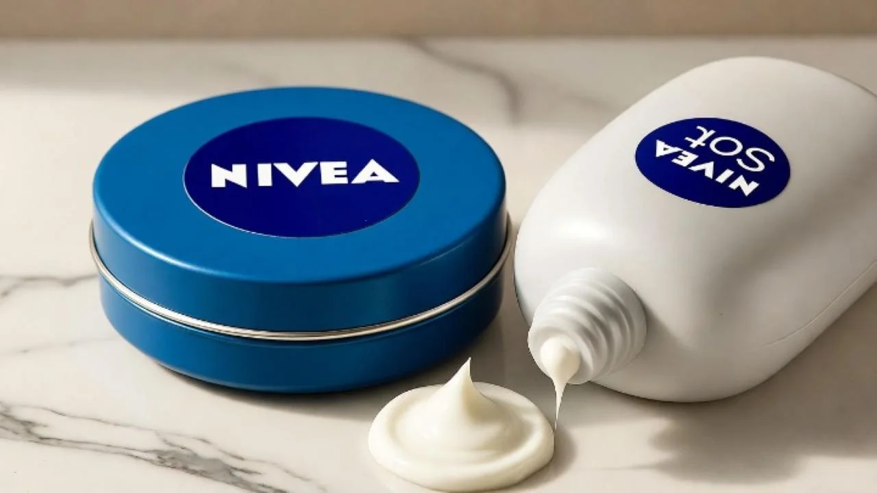 Nivea Lotion: "Professional product photography of a classic blue Nivea tin and a bottle of Nivea Soft moisturizing cream on a simple, clean white marble surface. Soft, diffused lighting creates gentle highlights on the packaging. A small amount of the rich, white cream is elegantly scooped out next to the tin, glistening. The background is softly blurred, creating a feeling of purity and effective skincare. Style: hyperrealistic, sharp focus, commercial shot"