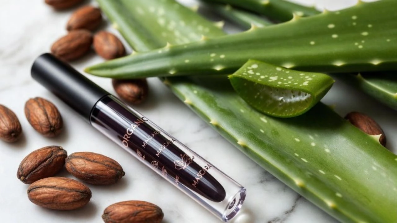 A sleek, minimalist tube of organic mascara lies next to fresh, vibrant aloe vera leaves and cocoa beans on a clean, white marble background. Soft, natural lighting. Hyper-realistic style.